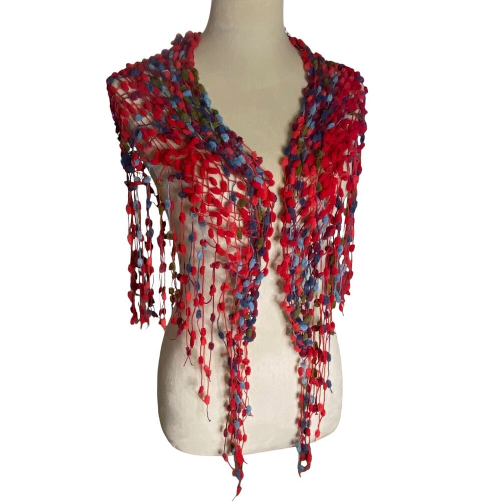 Red Fringe Pom Pom Triangle Shawl Delicate Romantic and Light Cover Up